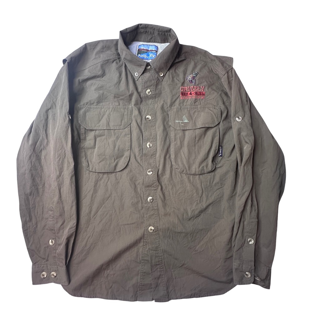 Pacific Fly Fishing Shirt Mens M Olive Grizzly Bar & Grill Wilderness Pro L/S